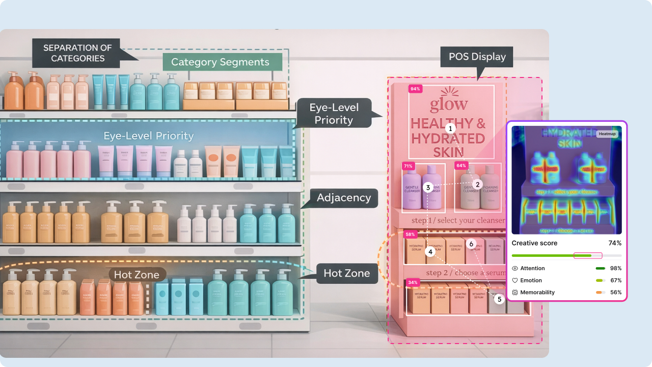 Retail shelf planogram and point-of-sale display driving shopper attention