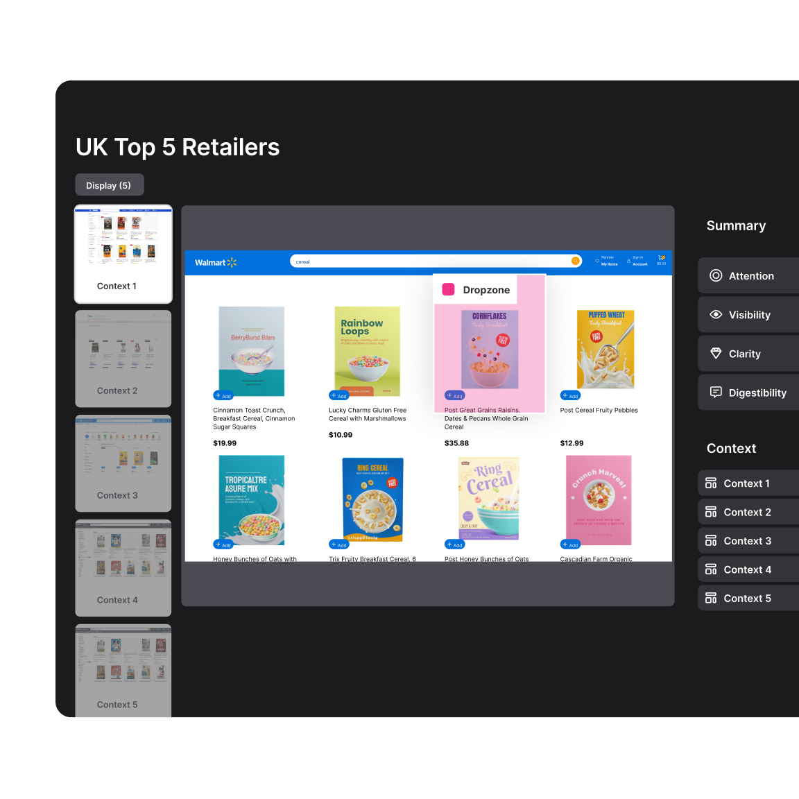 Display interface for a study titled "UK Top 5 Retailers," showing Walmart's cereal product page with items like "Rainbow Loops" and "Post Great Grains." Side panel includes attention, visibility, clarity, and digestibility scores. Contexts are displayed in tabs.