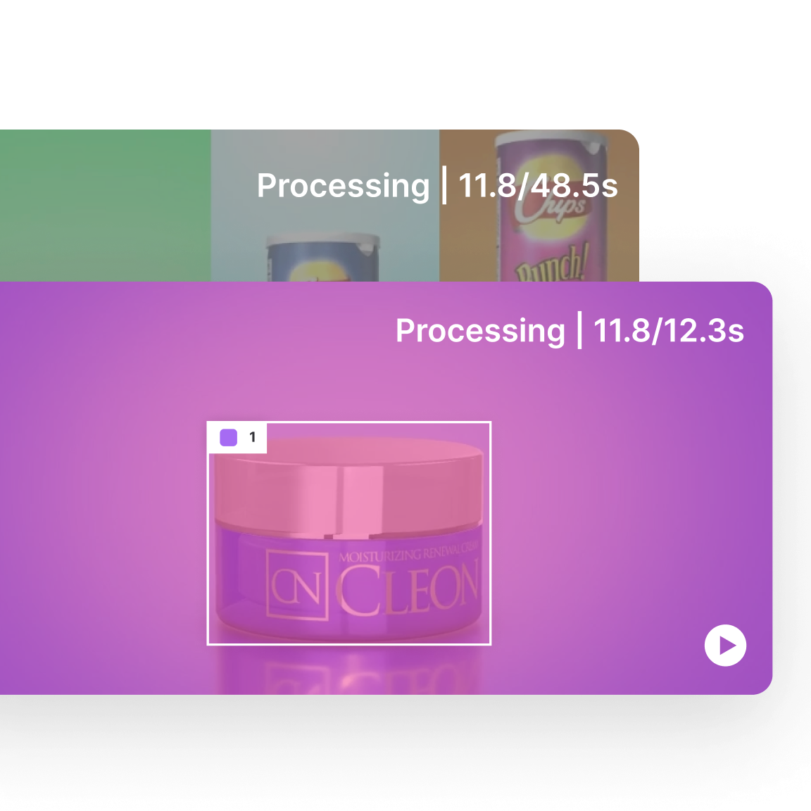 In the foreground is a purple interface showing a "Processing" status bar with a timer reading "11.8/12.3s." Highlighted in the center is a pink jar labeled "CLEON," outlined with a white focus box. Background displays a blurred product gallery with another processing timer.