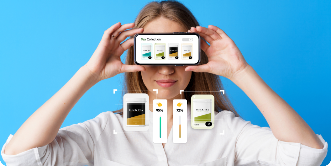 A woman holding a smartphone horizontally covering her eyes, displaying a digital 'Tea Collection' interface with various tea products. Below the phone, AR-style overlays highlight two 'Black Tea'  products accompanied by performance scores of 95% and 72%. 