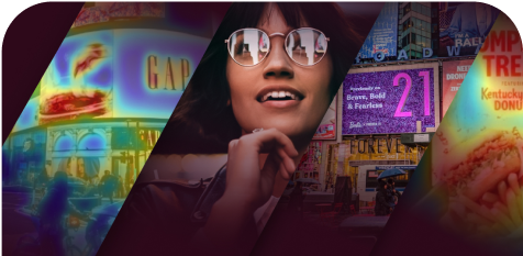 A collage of vibrant cityscapes with neon-lit billboards or colorful advertisements and product imagery, and a smiling woman wearing reflective sunglasses at the center.