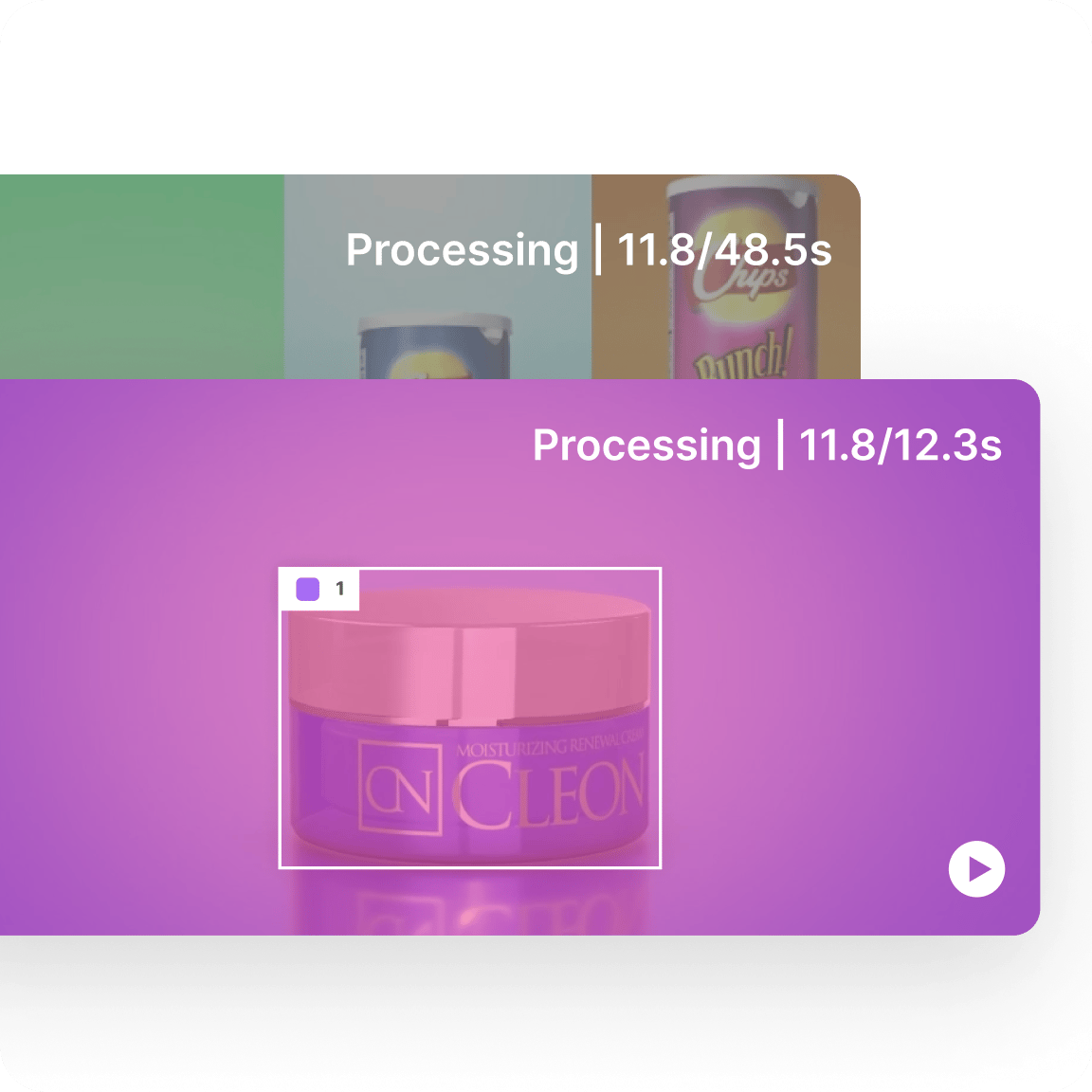 In the foreground is a purple interface showing a "Processing" status bar with a timer reading "11.8/12.3s." Highlighted in the center is a pink jar labeled "CLEON," outlined with a white focus box. Background displays a blurred product gallery with another processing timer.