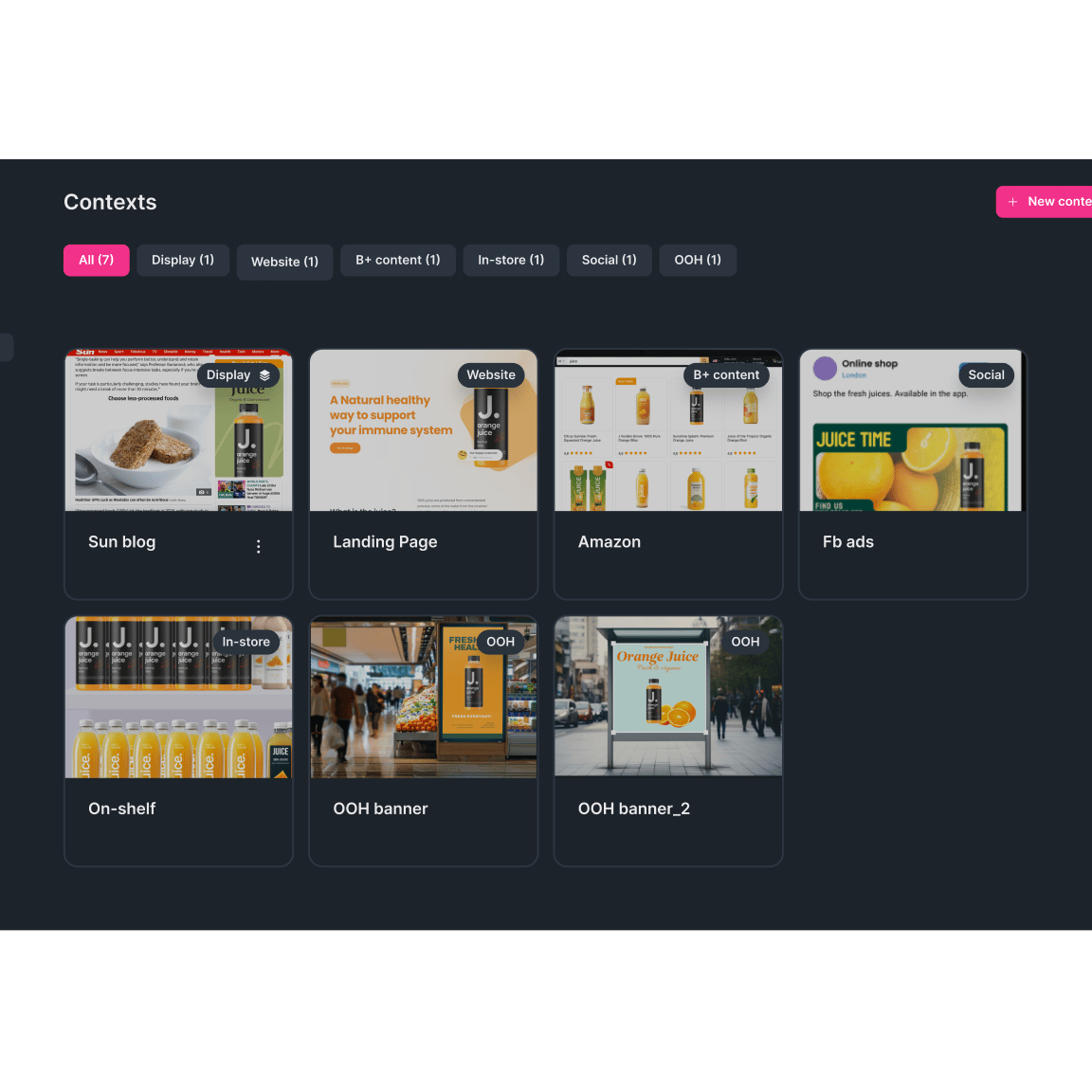 Dashboard showing marketing contexts for a juice brand, including "Sun blog," "Landing Page," "Amazon," and "Fb ads." Visual tiles display product images, in-store shelves, and banners. Tabs at the top categorize contexts like "Display," "In-store," and "OOH."