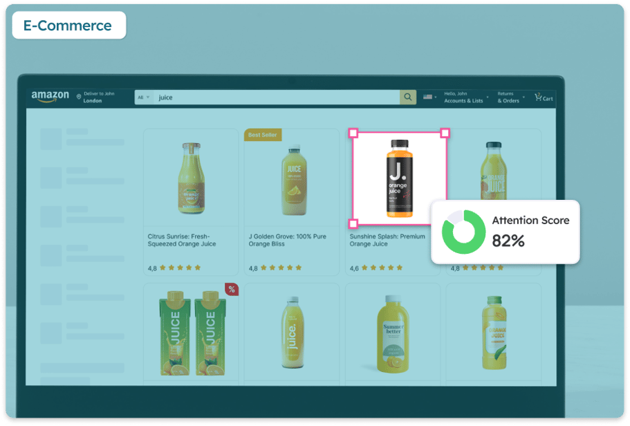 Screenshot of an Amazon e-commerce product search page for 'juice,' featuring various orange juice options. The product 'Sunshine Splash: Premium Orange Juice' is highlighted with a predictive focus box and an accompanying AI-generated attention score of 82%.