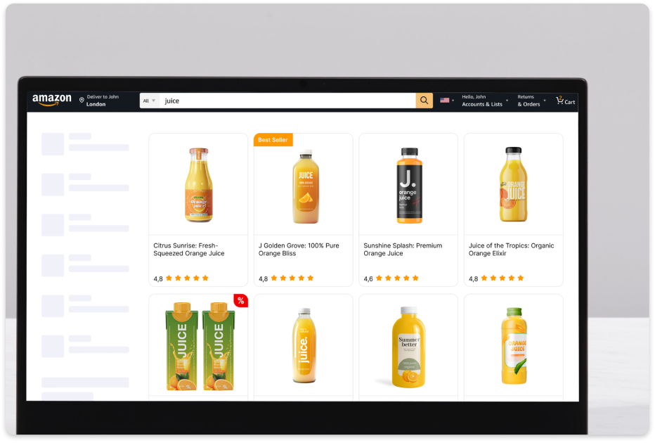 Screenshot of an Amazon e-commerce product search page for 'juice,' featuring various orange juice options. The product 'Sunshine Splash: Premium Orange Juice' is highlighted with a predictive focus box and an accompanying attention score of 82%.