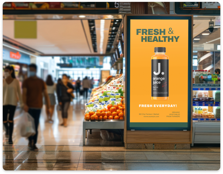 Photograph of an indoor marketplace featuring an illuminated outdoor advertisement for 'J. Orange Juice' with the tagline 'Fresh & Healthy Every Day!' The advertisement is framed with a bright yellow background, showcasing a bottle of orange juice with a score of 73% for the product. An overlay displays an AI clarity score of 89%.